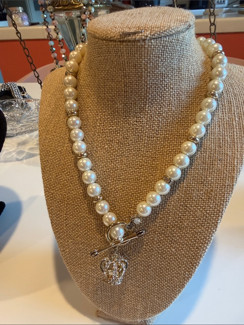 Juicy Couture Classic faux Pearl Bead Necklace with Silver Crown Charm - White